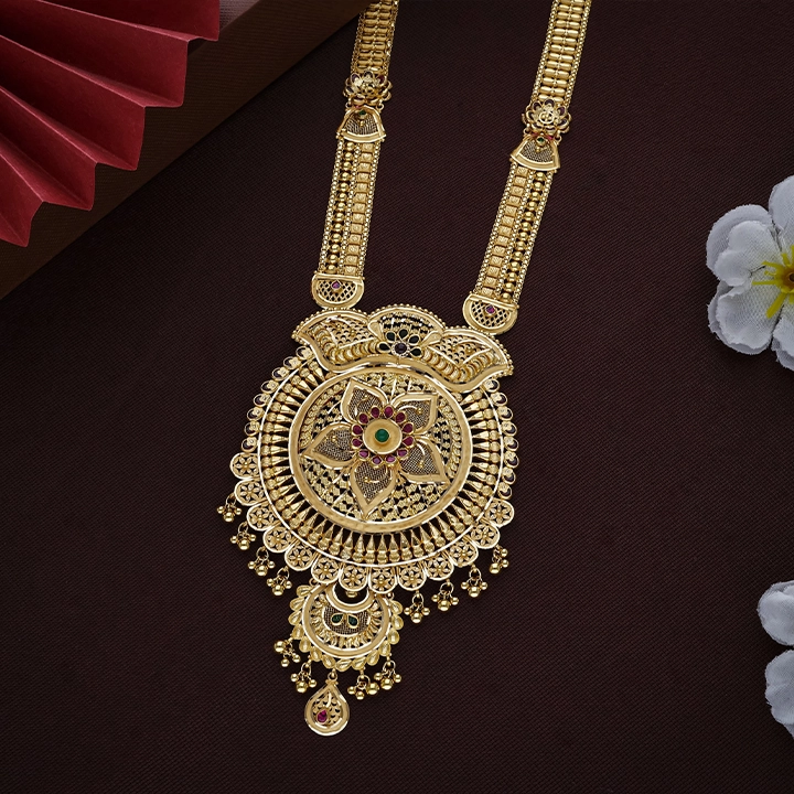 22K Wave Filigree Gold Long Necklace – NKSL6623 SU3369 - Image 2