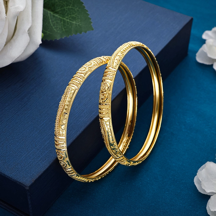 22K Lotus Filigree Gold Bangles Pair-BNG22639 S385 - Image 2