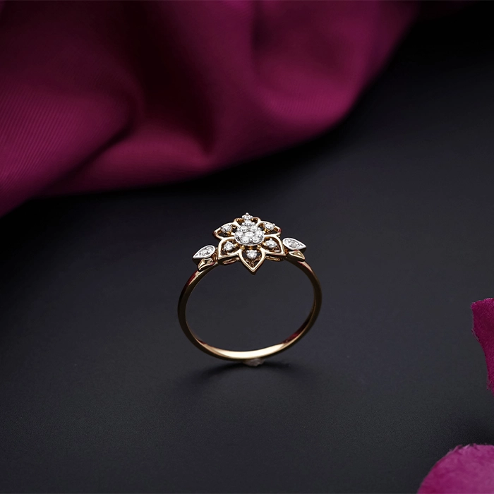18K Gold Floral Diamond Ring with Pavé Center & Pear Drops - DLRG2945SU2ECA - Image 2