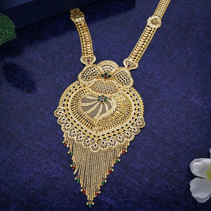 22K Gold Heart Ruby Emerald Filigree Necklace - NKSL6652SU3369 - Image 2