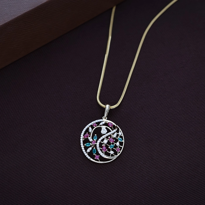 Floral Medallion Diamond Pendant with Ruby & Emerald Accents - DPND0731S273 - Image 2