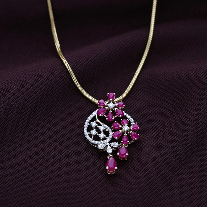 Vintage Paisley Ruby Floral Drop Diamond Pendant in 18K Gold - DPND0744S273 - Image 2
