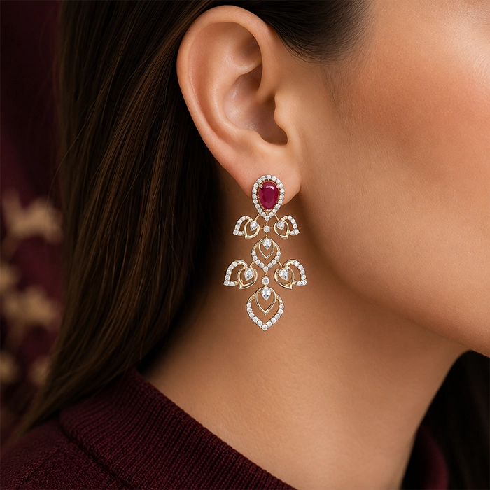Regal Ruby & Chandelier Leaf Diamond Earrings in 18K Gold - DERR4491S419 - Image 2