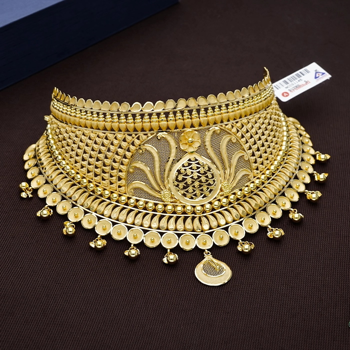 Ornate Peacock Feather Jali Gold Choker Necklace - NCCS1145SU3369 - Image 2
