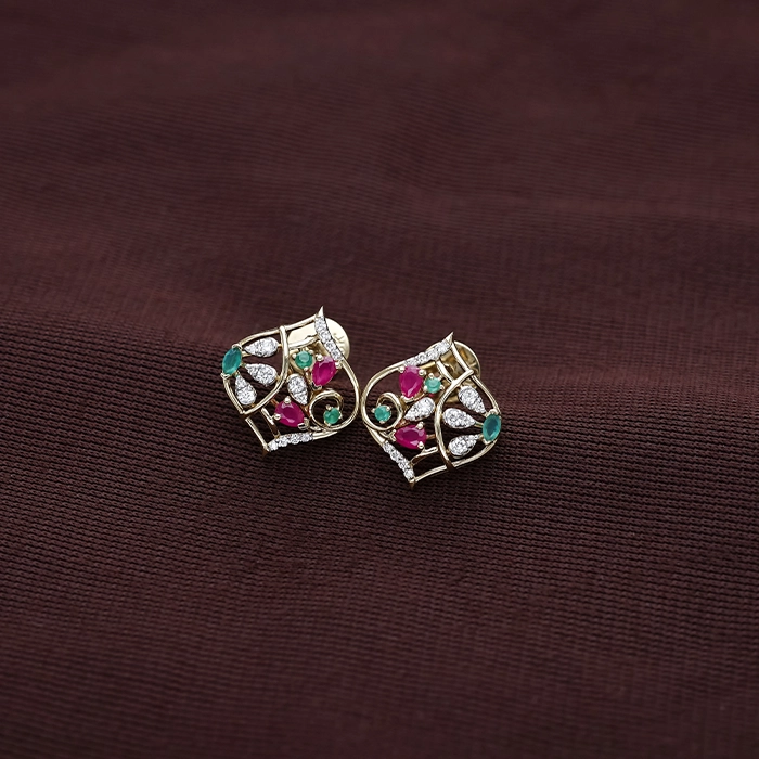 Modern Ruby & Emerald Geometric Jali Diamond Stud Earrings - DERR4486S273 - Image 2