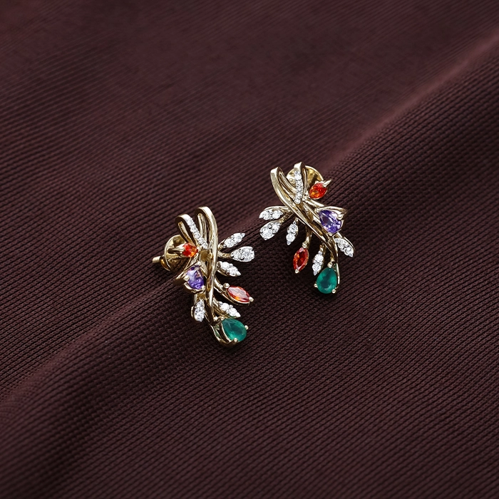 Vibrant Multi-Gemstone Floral Vine Diamond Stud Earrings - DERR4476S273 - Image 2