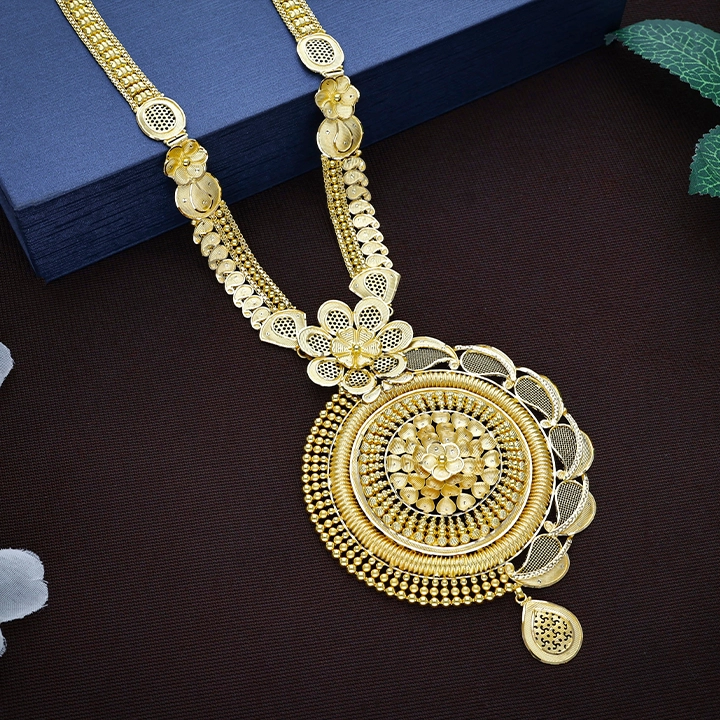 Majestic Floral Filigree Gold Long Haram Necklace with Circular Medallion - NKSL8367SU2EA1 - Image 2