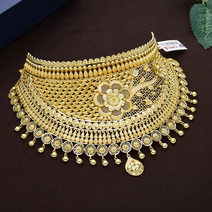 Ornate Floral Filigree Jali Gold Choker Necklace - NCCS1142SU3369 - Image 2