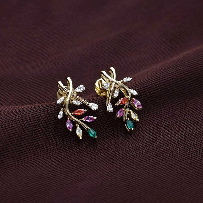 Vibrant Multi-Gemstone Leaf Branch Diamond Stud Earrings - DERR4375S273 - Image 2