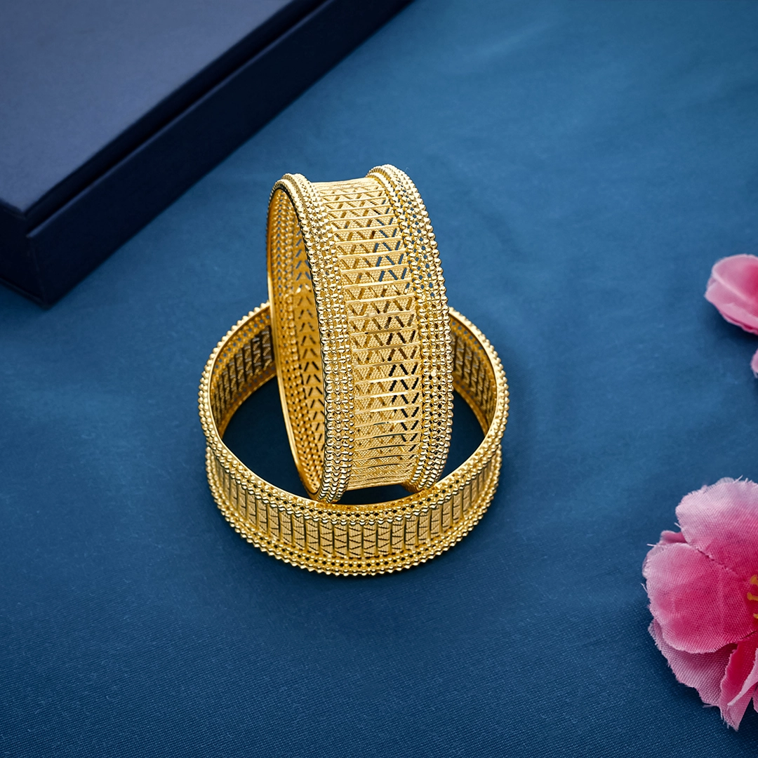 Geometric Chevron Jali Pattern Gold Broad Kada Bangles - BNG23129S117