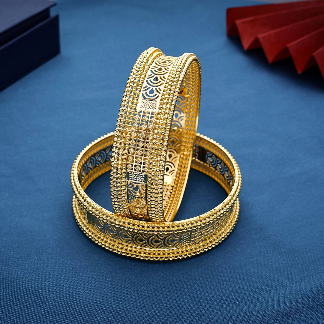 Intricate Peacock Wave Jali Work Gold Broad Kada Bangles - BNG23128S117