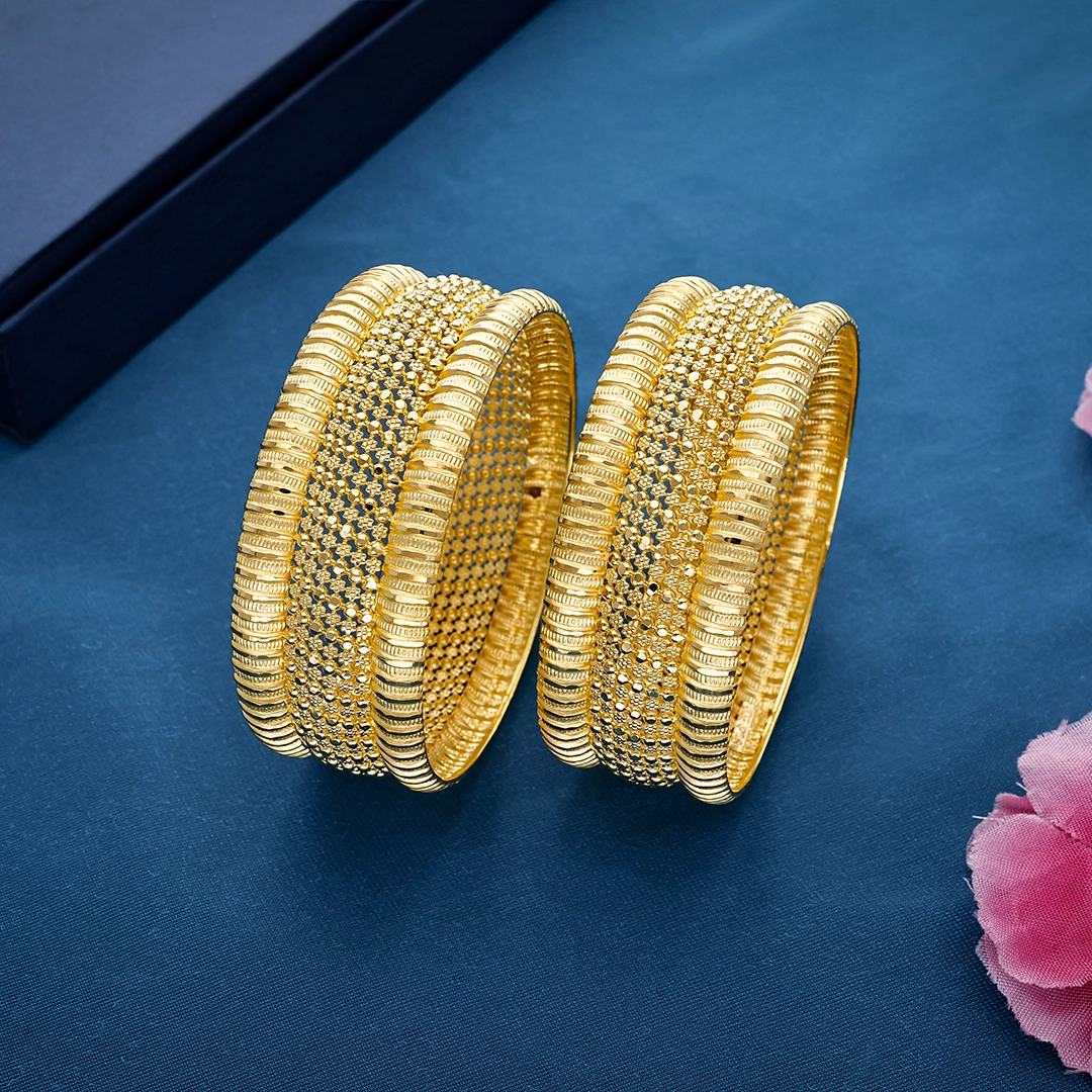 Intricate Textured Mesh & Fluted Border Gold Broad Kada Bangles - BNG23068S298