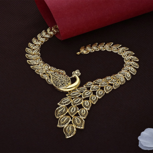 Heritage Leaf Peacock 22K Short Gold Necklace-NKSL4368 S364