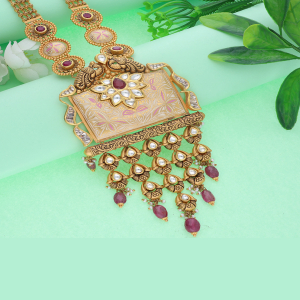 Royal Kundan Temple Semi Long Gold Necklace-1060001276827AA S114