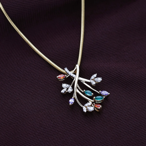 Whimsical Floral Branch Diamond Pendant with Multi-Gemstone Accents - DPND0747S273