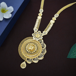 Majestic Floral Filigree Gold Long Haram Necklace with Circular Medallion - NKSL8367SU2EA1