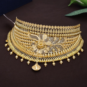 Ornate Floral Peacock Jali Gold Choker Necklace - NCCS1147SU3369