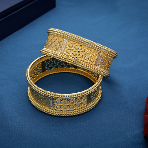 Intricate Geometric Trellis Jali Work Gold Broad Kada Bangles - BNG23127S117