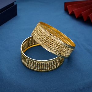 Intricate Beaded Column Jali Gold Broad Kada Bangles - BNG23072S298