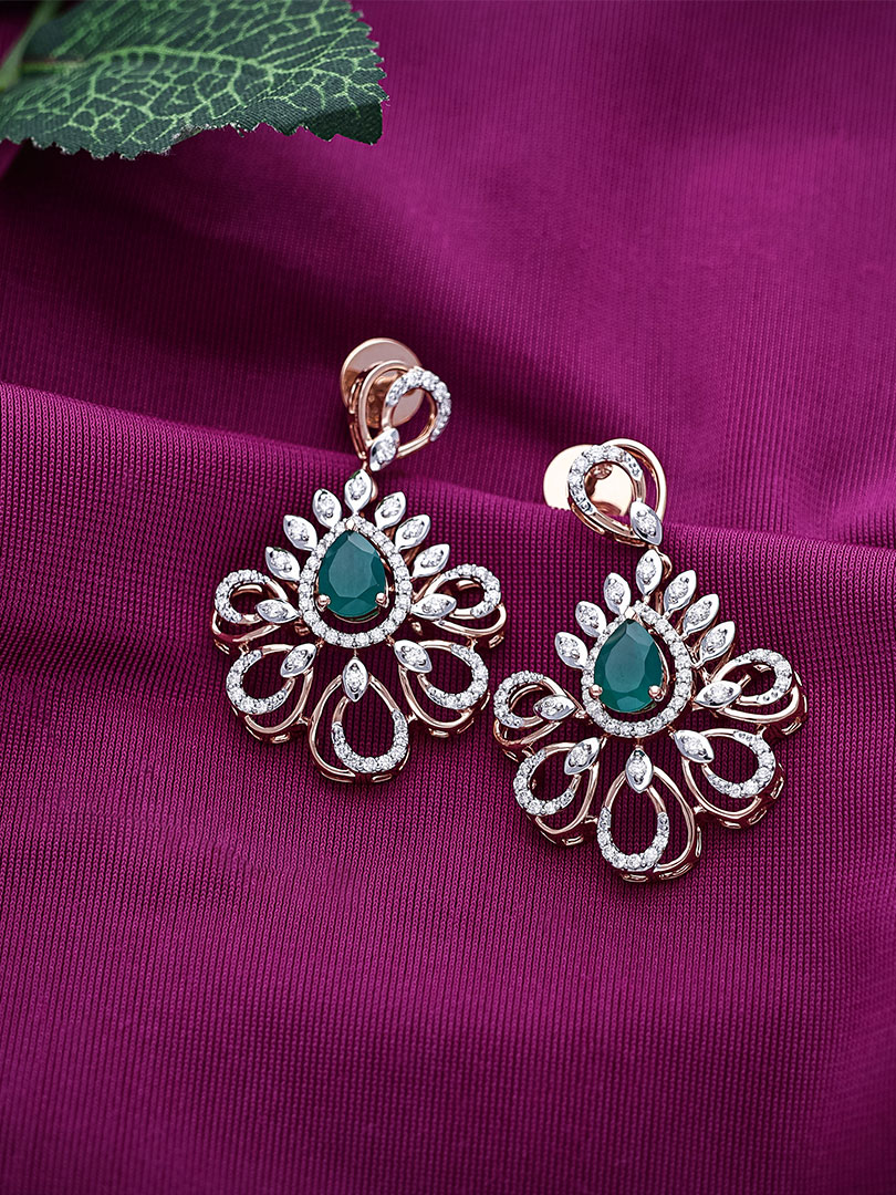 Zivah Collection Emerald & Diamond Blossom Earrings - DERR2003S366NKE00893  C.N:38J436182505 - Image 2