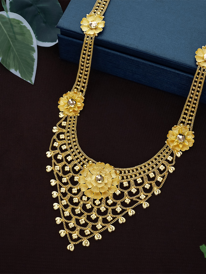 Floral Medallion Mesh Cascade Long Gold Necklace-NKSS3513 SU2E97 - Image 2